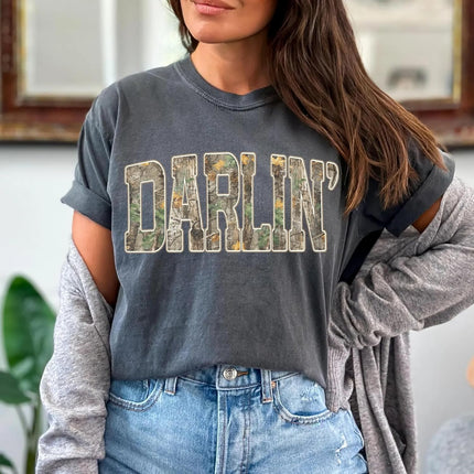 FITIN Darlin’ Camo Comfort Colors Tee, Southern Country Girl Shirt, Western Varsity Camouflage Graphic T Shirt