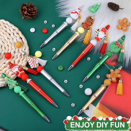 CZWZ 8 Pcs Christmas Beadable Pens, Plastic Beadable Pens with Multicolor Silicone Beads, Christmas Snowman Pine Tree Floral Hoop Deer Pens for Christmas Office School Supplies