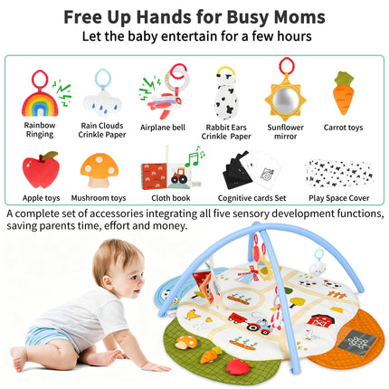 Baby Gym Play Mat, 4-in-1 Tummy Time Mat & Farm-Themed Activity Gym
