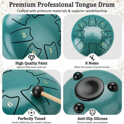 Steel Tongue Drum 6 Inch 8 Notes, Rain Drum for Outdoor Garden, Easy-Play Percussion Instrument, Unique Gift for Music Lovers, with Mallets, Carry Bag & Music Book, Green
