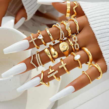 Gold Stackable Rings Set for Women, Gold Plated Chunky Crystal Finger Rings