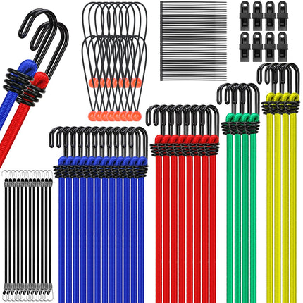 Bungee Cords Heavy Duty Outdoor: 20 Pcs Rubber Bungee Cords with Hooks in a Storage Jar Includes 10", 18", 24", 30", 36", 48" Bungee Cord for Camping, Tent, Fastening Items