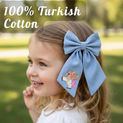 Handmade Linen Hair Bows for Girls - Embroidered Unicorn Hair Clips | Cute Big Ribbon with Alligator Grip | Boho Style for Kids & Teens | Soft Cream | Unique Gift Accessories (Unicorn)