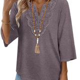 3/4 Length Sleeve Womens Tops Boho V Neck Lace Shirt Blouses Casual Vacation Clothes S-3XL