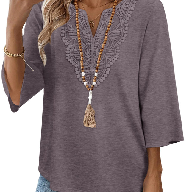3/4 Length Sleeve Womens Tops Boho V Neck Lace Shirt Blouses Casual Vacation Clothes S-3XL