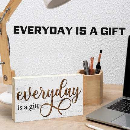 Everyday is a Gift Rustic Wooden Block Sign, 5x3 Inch Positive Inspirational Wood Plaque, Farmhouse Home Decor for Desk Tabletop Shelf, Housewarming Christmas Gift for Friends Family - A14