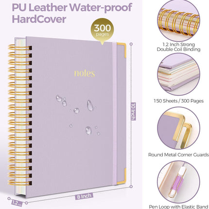 SKYDUE Hardcover Spiral Notebook, 300 Pages 8" x 10" College Ruled Notebook for Work with Dividers & Pockets, 5 Subject Notebook Journals for Women, Double Wire Bound, Tab Stickers Included, Purple