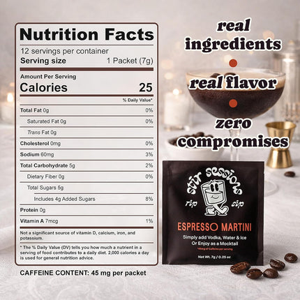 Espresso Martini Drink Mix - 12 Packets | Cocktail Mixers for Alcoholic Drinks | Low-Carb, Low-Sugar, Vegan, Gluten-Free | Travel Mocktail Mixers | Made in the USA