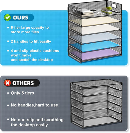 6 Tier Black Mesh Paper Organizer Letter Tray with Handle - photo 2