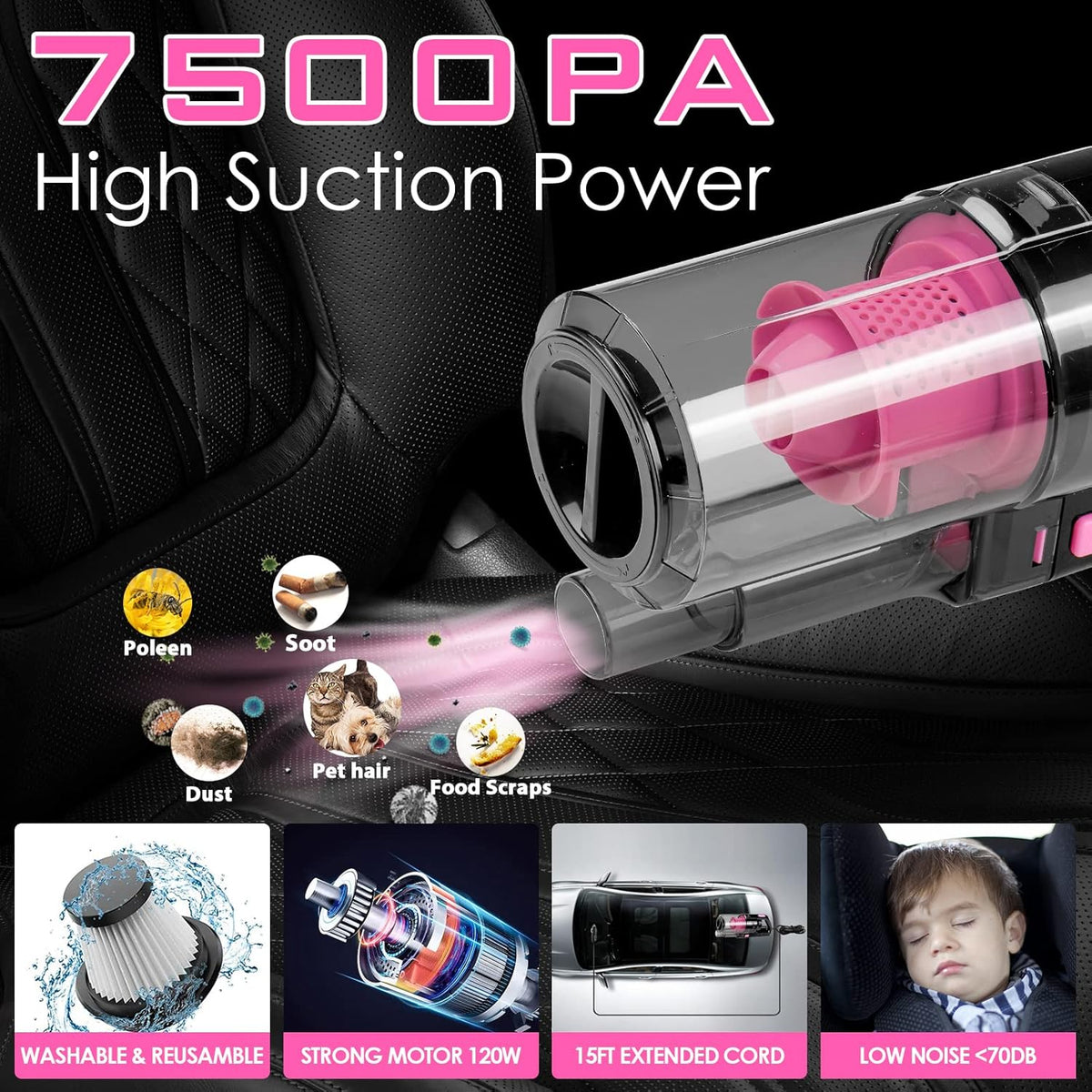 17pcs Car Cleaning Kit, Pink Car Interior Detailing Kit with High Power Handheld Vacuum, Detailing Brush - photo 2