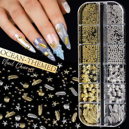 Gold and Silver Nail Charms and Gems Set, 6 Boxes Multi-Shapes Nail Gems Nail Rhinestones Nail Pearls for Nail Art Design