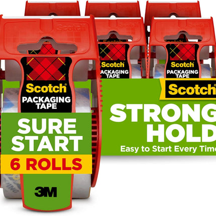 Amazon.com : Scotch Sure Start Packing Tape, Clear, Quiet Unwind and Easy Start, 1.88 in. x 22.2 yd., 6 Tape Rolls with Dispensers : Office Products