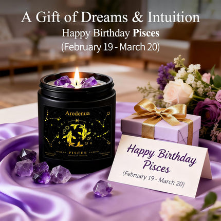 Pisces Zodiac Crystal Candles Gift for Women Men - Amethyst Healing Scented Soy Candle with Lavender Aromatherapy for Relaxation, 7oz 50 Hour Burn, Unique Zodiac Sign Candle for Brithday