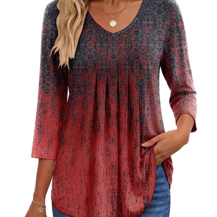 3/4 Length Sleeve Womens Tops V Neck Blouses Pleated Casual Shirts