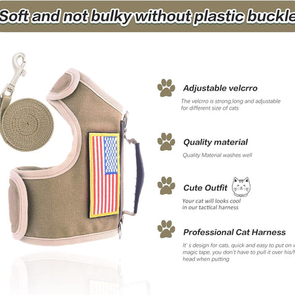 Tactical Cat Harness and Leash for Walking Escape Proof, Adjustable Cat Walking Jackets, Padded Stylish Cat Vest, Khaki, Large