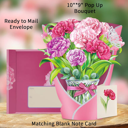 Airpark Pop Up Flower Card, 3D Paper Flowers Bouquet, Birthday, Thank You, Get Well Greeting Cards with Note Card & Envelope, Carnations