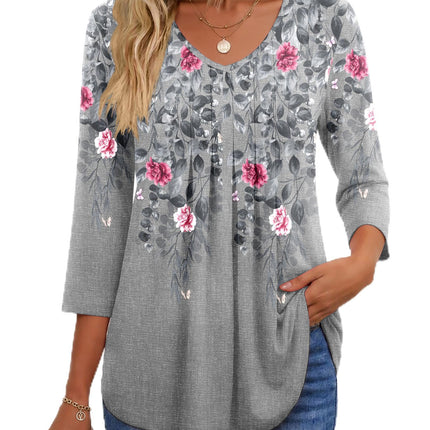 3/4 Length Sleeve Womens Tops V Neck Blouses Pleated Casual Shirts
