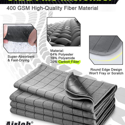 Airlab Carbon Microfiber Towels for Car Drying Window Glass Cleaner Magic Cleaning Cloth Auto Detailing Car Wipes Lint Free Rags Large Towel Interior Detailer, Pack of 4, 20" x 16", Grey