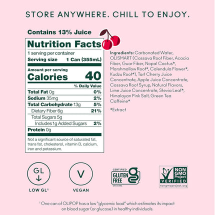 OLIPOP Prebiotic Soda Pop, Cherry Cola, Pantry Pack Packed with Prebiotics, Fiber, and Botanicals, Gluten Free, GMO Free, 12oz (12-Cans)