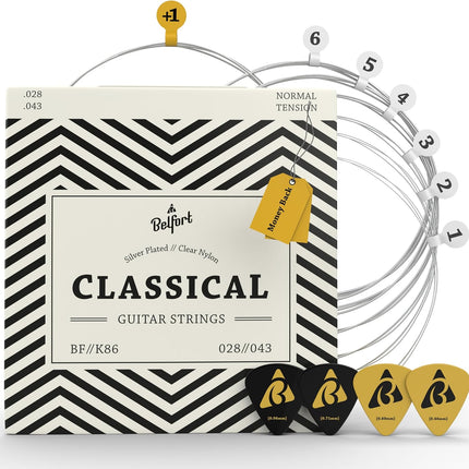 Belfort Classical Guitar Strings Nylon - Classical Nylon Strings Coated in Silver - 6 Guitar String Set + Extra 1E - Cuerdas para guitarra acustica - Cuerdas de guitarra acustica