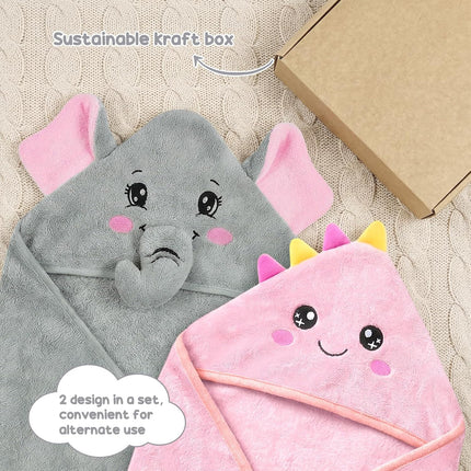 2 Pack Hooded Baby Towels Soft Absorbent Coral Fleece Baby Bath Towels with Animal Hood 32x32 Inch Toddler Bath Towel for 0-3 Years Newborn Baby Shower (Grey Elephant & Pink Dinosaur)