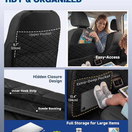 Seat Back Protectors for Kids, Car Kick Mats for Back of Front Seats with Large Pocket Organizer, Waterproof, Protects Against Dirt, Scuffs & Scratches, Fits Most Vehicles, 2PCS (Black)