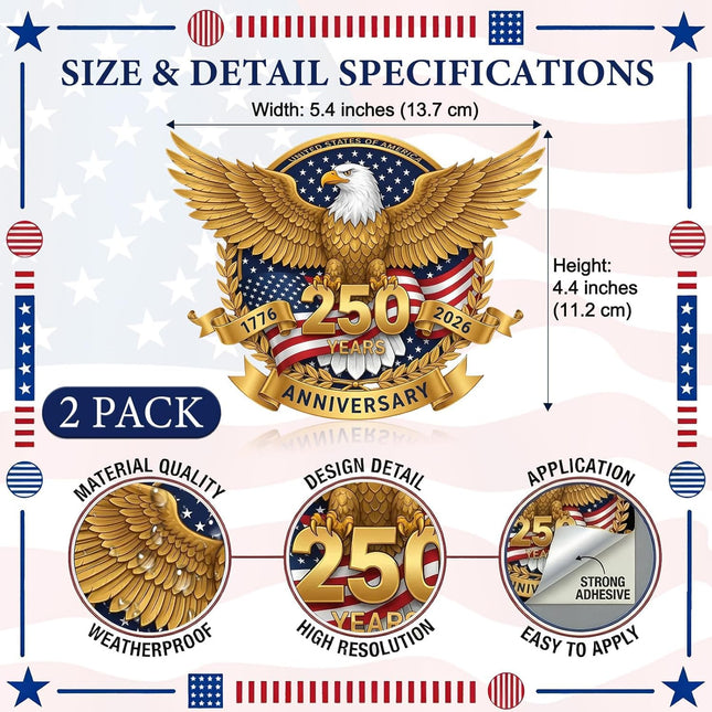 250th Anniversary USA Patriotic Eagle Vinyl Decal Stickers, 2-Pack