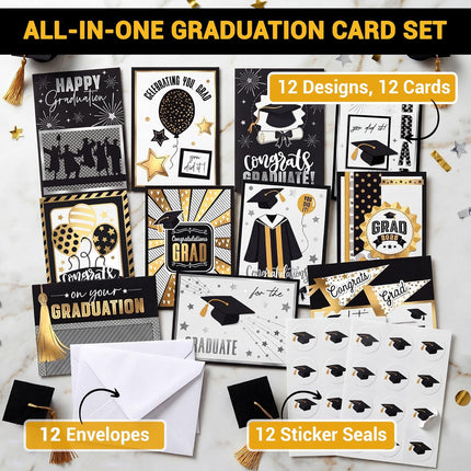 Graduation Cards 2026 Bulk Assortment for College & High School (5x7") - 12 Pack Black and Gold Foil Design with Envelopes & Stickers, Congrats Grad Gift Decorations for Him Her, Printed Messages