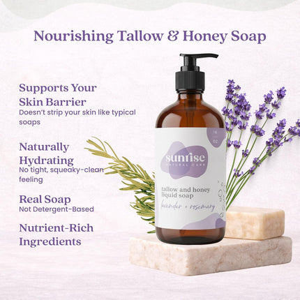 Tallow & Honey Liquid Soap – Lavender + Rosemary – Natural Face, Body & Hand Wash – Grass-Fed Beef Tallow Cleanser – Gentle Moisturizing Soap – 16 oz