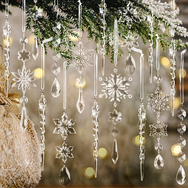 Adornos de cristal para árbol de Navidad, copo de nieve y carámbano de acrílico transparente, 18pcs