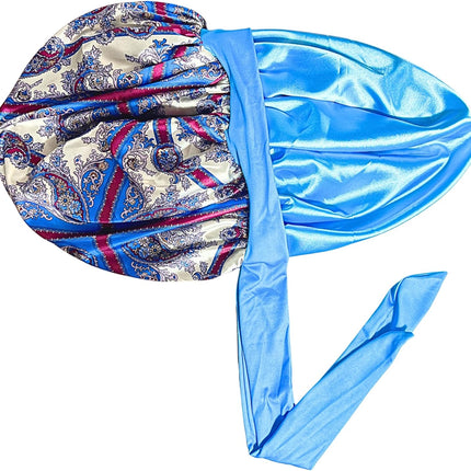 Jumbo Satin Bonnet for Sleeping, Double Layered Silk Infused Sleep Cap with Stretch Tie Band, Non Slip Hair Bonnet for Braids, Locs, Curly & Natural Hair, Blue Paisley Print