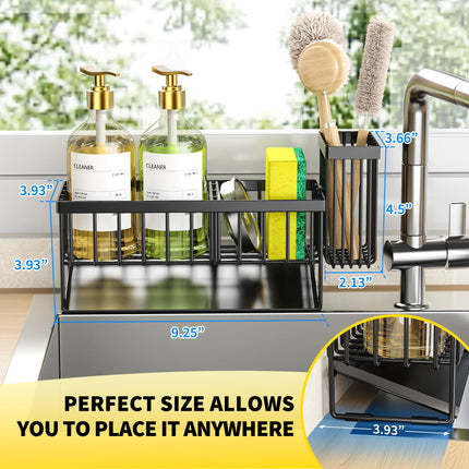 Sink Caddy Sponge Holder for Kitchen with Brush Holder and Stainless Steel Self Drain Tray, Rustproof Kitchen Sink Organizer for Sponge, Soap Dispenser Storage Accessories
