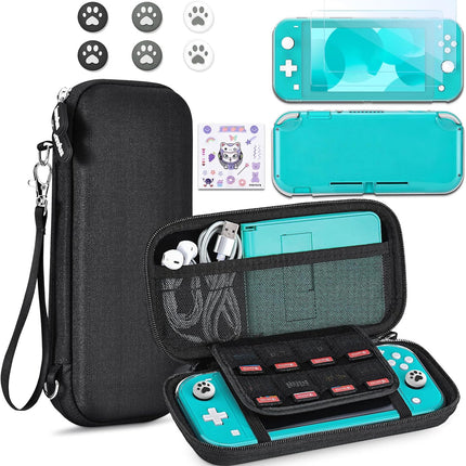 innoAura Switch Lite Case 12-in-1 Accessories Bundle for NS Switch Lite (2019), with Protective Carrying Case, Hand Strap, Screen Protector & Cute Thumb Grips, Black