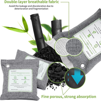 Bamboo Charcoal Air Purifying Bags - (Large, 4×200g), Removes Odors and Moisture, Nature Fresh Air Purifier Bags, Odor Eliminator for Home, Car, Pets, Bathroom, Basement