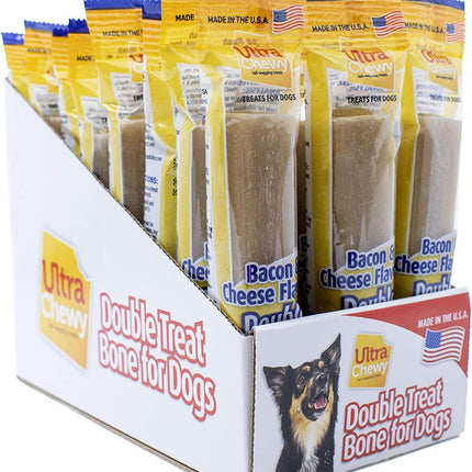 Ultra Chewy Double Treat Bones: Long-Lasting Dog Treats Made in USA for Large and Small Breeds, Highly Digestible, Ideal for Aggressive Chewers (Bacon & Cheese, 24 Count)