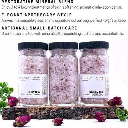 Luxury Spa Foot Soak, Coconut and Sweet Almond, Epsom and Pink Himalayan Salts with Shea Butter, Aloe, and Dried Rose Petals, 5 oz Jar