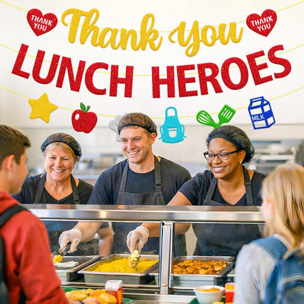 Thank You Lunch Heroes Banner, School Lunch Hero Day Decorations for Ladies, Cafeteria Staff & Cook Teacher, Classroom Nutrition Recognition Decor, Thank You for Serving Our Food Sign