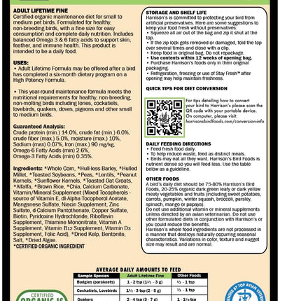 Harrison's Bird Foods Bird Food Adult Lifetime Fine Certified Organic Non-GMO Formula Bird Food 1lb