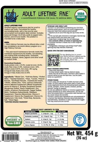 Adult Lifetime Fine Certified Organic Non-GMO Bird Food, 1 lb - photo 3