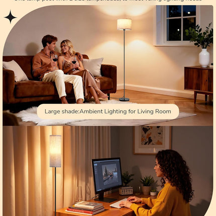 EDISHINE Dual Shades Floor Lamps for Living Room with Foot Switch, 63.7" Modern Standing Lamp with Remote Control, Stepless Dimmable Minimalist Lamps for Bedroom, Office, (9W Bulb Included), Black
