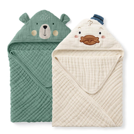 Muslin Baby Hooded Towel 2 Pack, Soft & Absorbent Bath Towel for Infant, Toddler, Unisex, Baby Gift, Newborn Essentials, Bear & Lamb