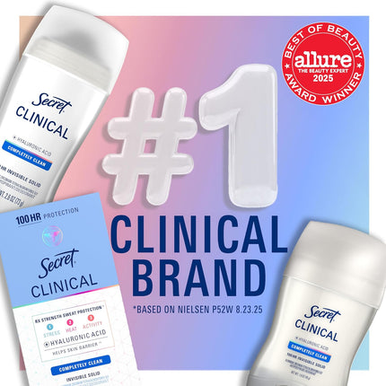 Secret Clinical Strength Antiperspirant Deodorant for Women, 100hr Sweat & Odor Protection, 3X Stress Protection with Hyaluronic Acid, PH Balanced, Invisible Solid, Completely Clean Scent, 2.6 oz