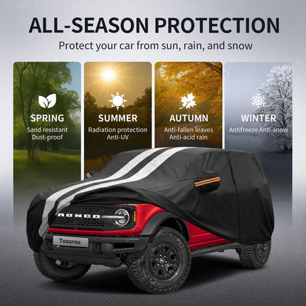 Multi-Layer Car Cover Custom Fit for Ford Bronco 4 Door (2020-2026), 100% Waterproof All Weather for Automobiles, Gift with Towel, Heavy Duty Car Covers for Rain Sun UV Protection with Door Zipper.