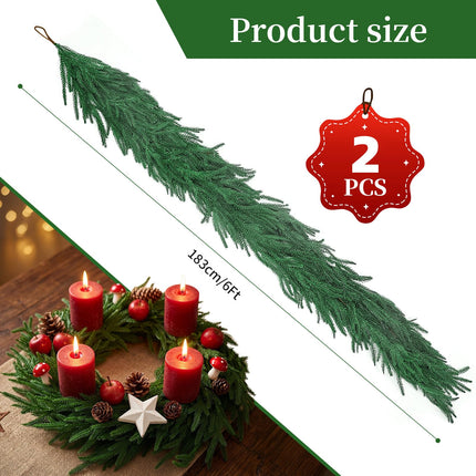 6Ft 2Pcs Artificial Norfolk Pine Garland, Real Touch Faux Greenery for Fireplace Mantel Staircase Wall, Christmas Hanging Indoor Outdoor Decor