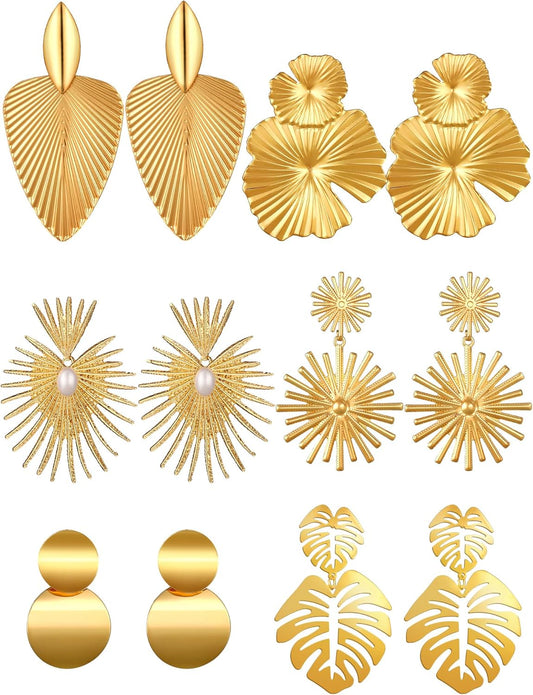 6 Pair Gold Statement Earrings for Women Large Gold Geometric Earrings Woven Twisted Leaf Earring Jewelry Gift