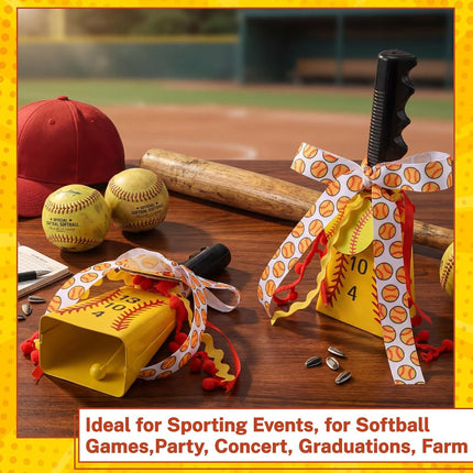 2 Set 9 Inch Softball Cow Bell for Sporting Events with Letter Stickers Ribbon and Labels DIY Cowbell Noise Makers with Handle for Games Graduation Parties Schools Farms and Percussion Music
