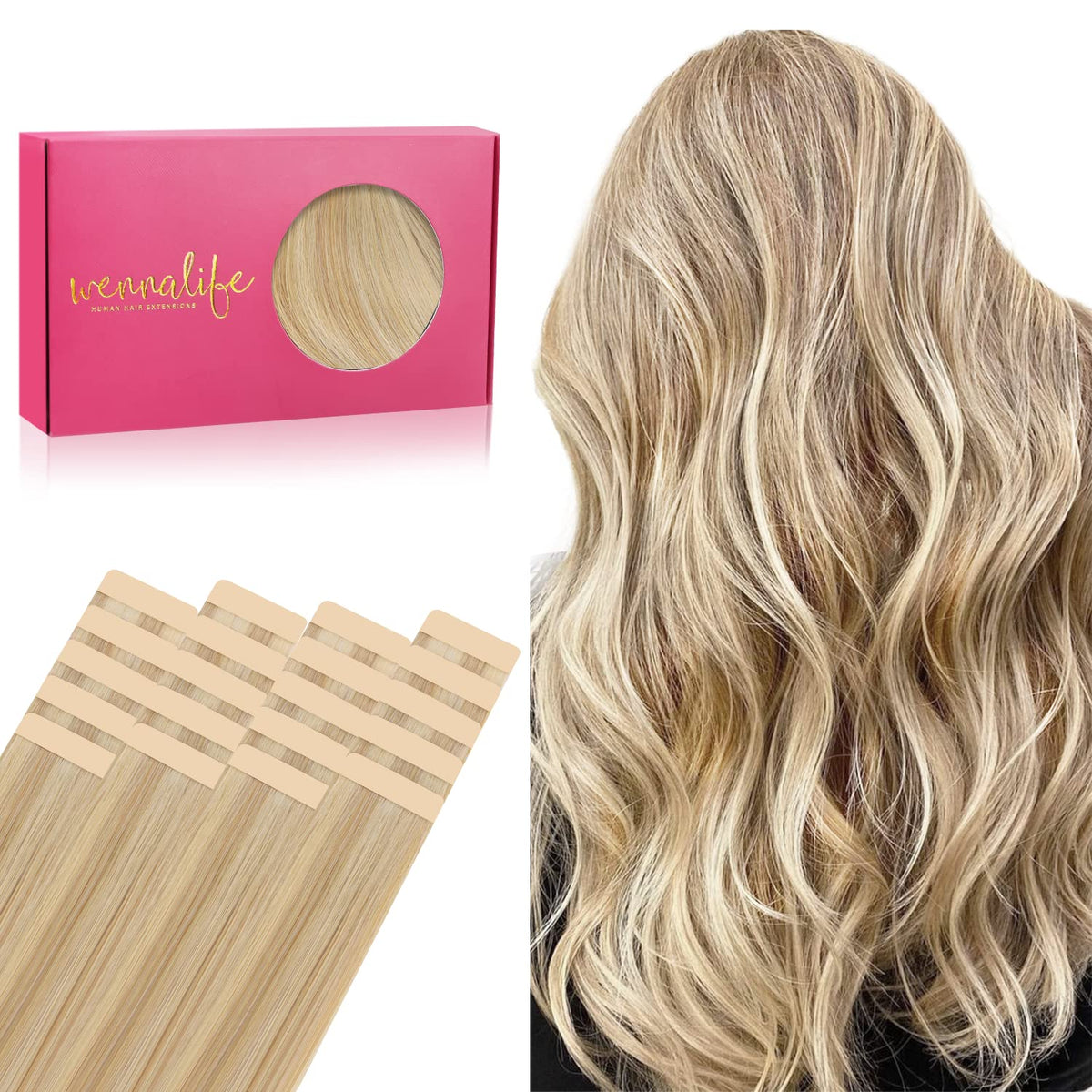 Tape in Hair Extensions Human Hair, 20pcs 50g 18 inch Light Blonde Highlighted Golden Blonde Remy Hair Extensions