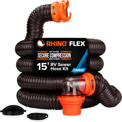 Camco RhinoFLEX 15-Ft RV Sewer Hose Kit - Features Clear Elbow Fitting w/Removable 4-in-1 Adapter - Connects to 3” Slip or 3”/3.5”/4” NPT Threaded Sewer Connection (39770)