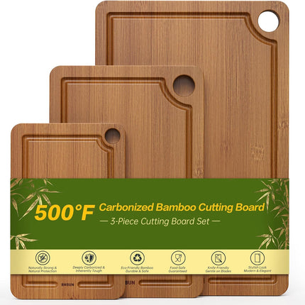 Bamboo Cutting Board for Kitchen, 3-Piece Set with Juice Grooves, Side Handles & Non-Slip Mats – Durable Bamboo Chopping Board for Meat, Vegetables and Fruits