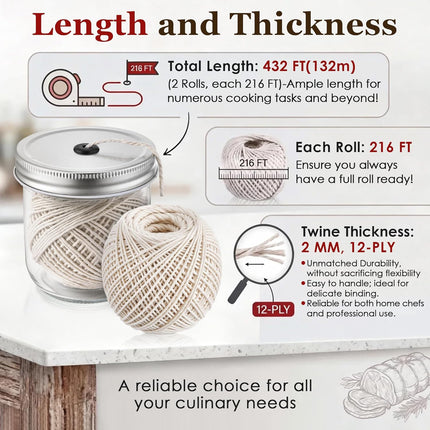 Dreyoo Kitchen Twine with Glass Mason Jar Dispenser, 2 Pack 216FT Cooking Twine, 2MM Natural Cotton Butcher Twines for Meat, Turkey, Roast & Kitchen Use, Center Pull Butcher Twines for Cooking (White)